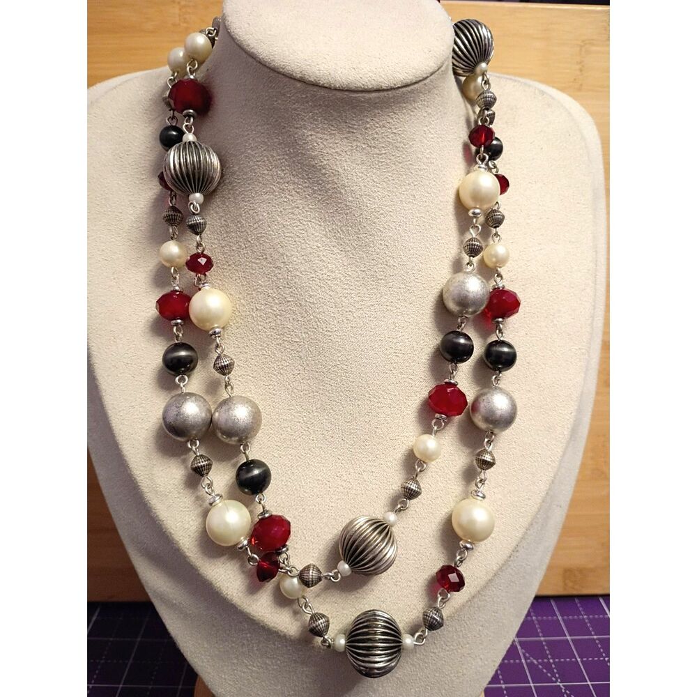Vintage Premier Crown Designs Red Black Silvertone 36” Beaded Long Wrap Necklace